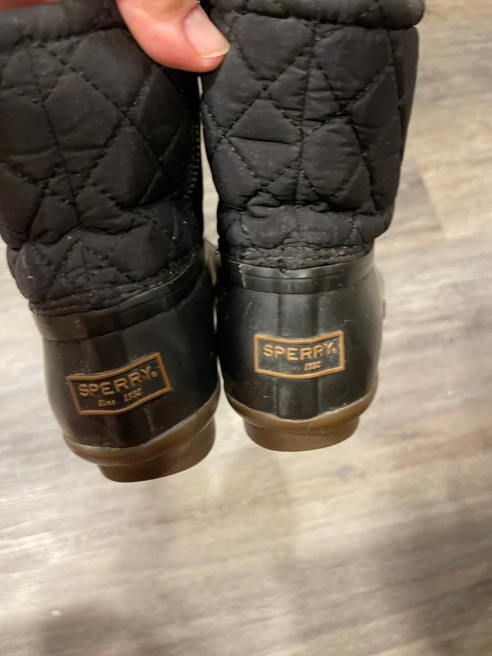 Sperry Black Quilted Rain Boots with Brown Laces